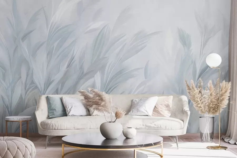 wall murals Tall, feathery grass in soft pastel blue colors, with a light textured background w10060v2