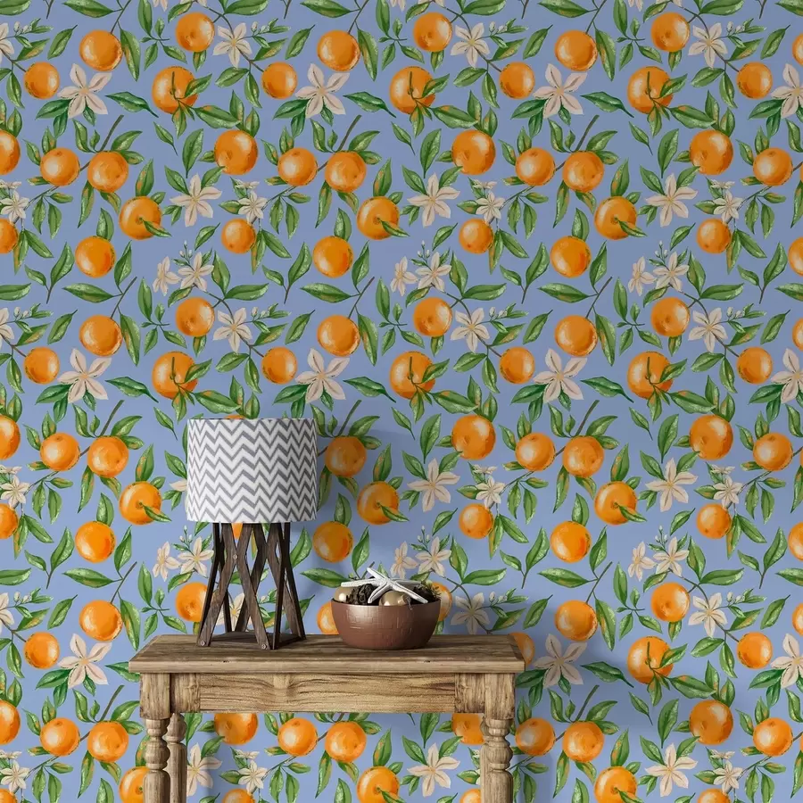 wall murals Oranges, green leaves and white flowers on blue background a01262v2