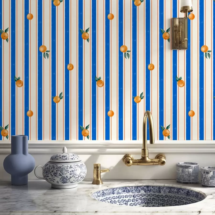 wall murals Orange fruit on blue and cream stripes a01263