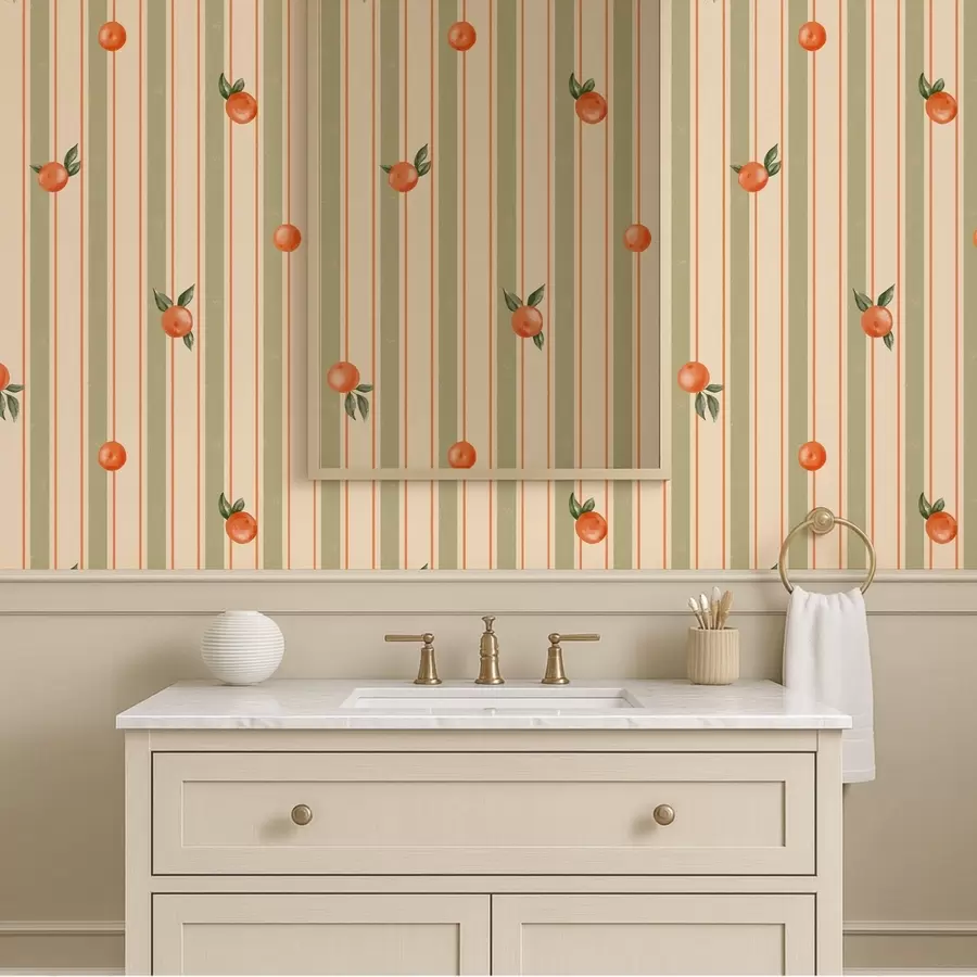 wall murals Orange fruit on olive and cream stripes a01263v3