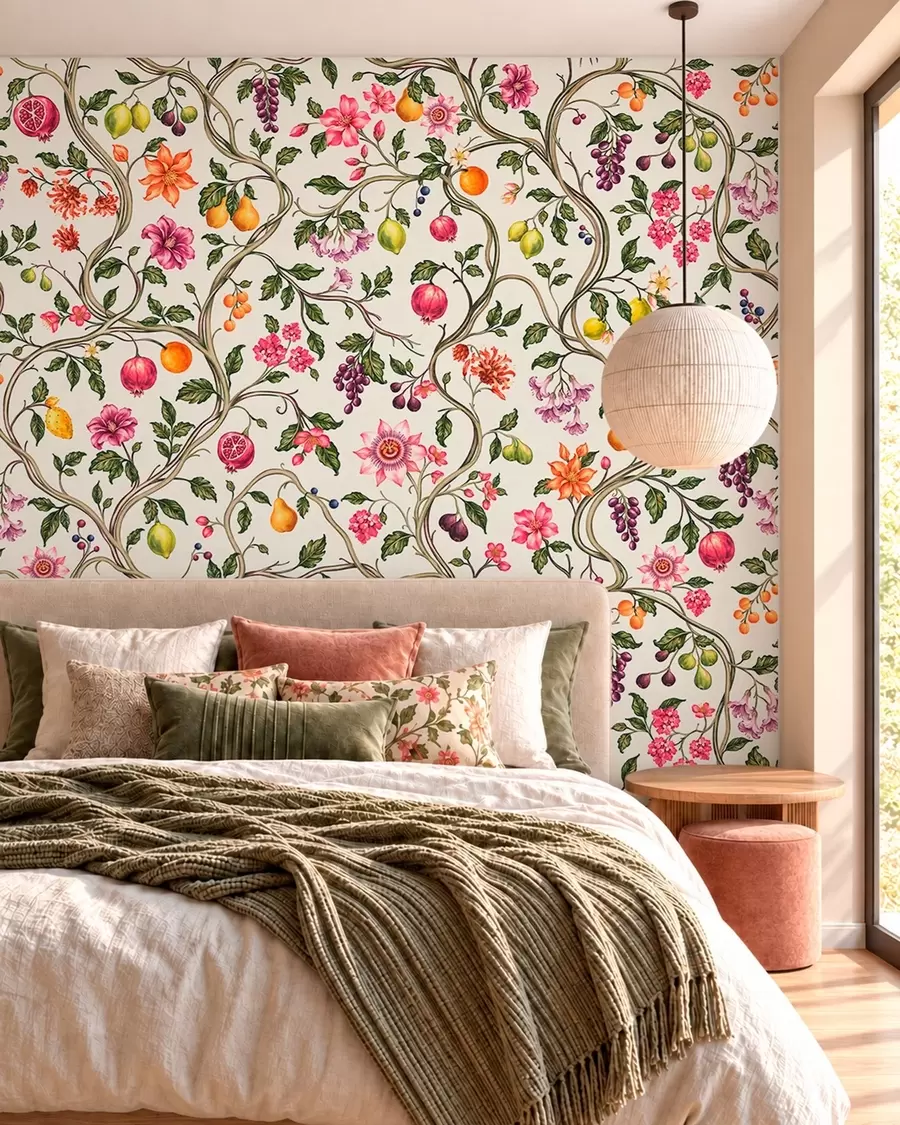 wall murals Twining branches with flowers, fruit and green leaves w05862