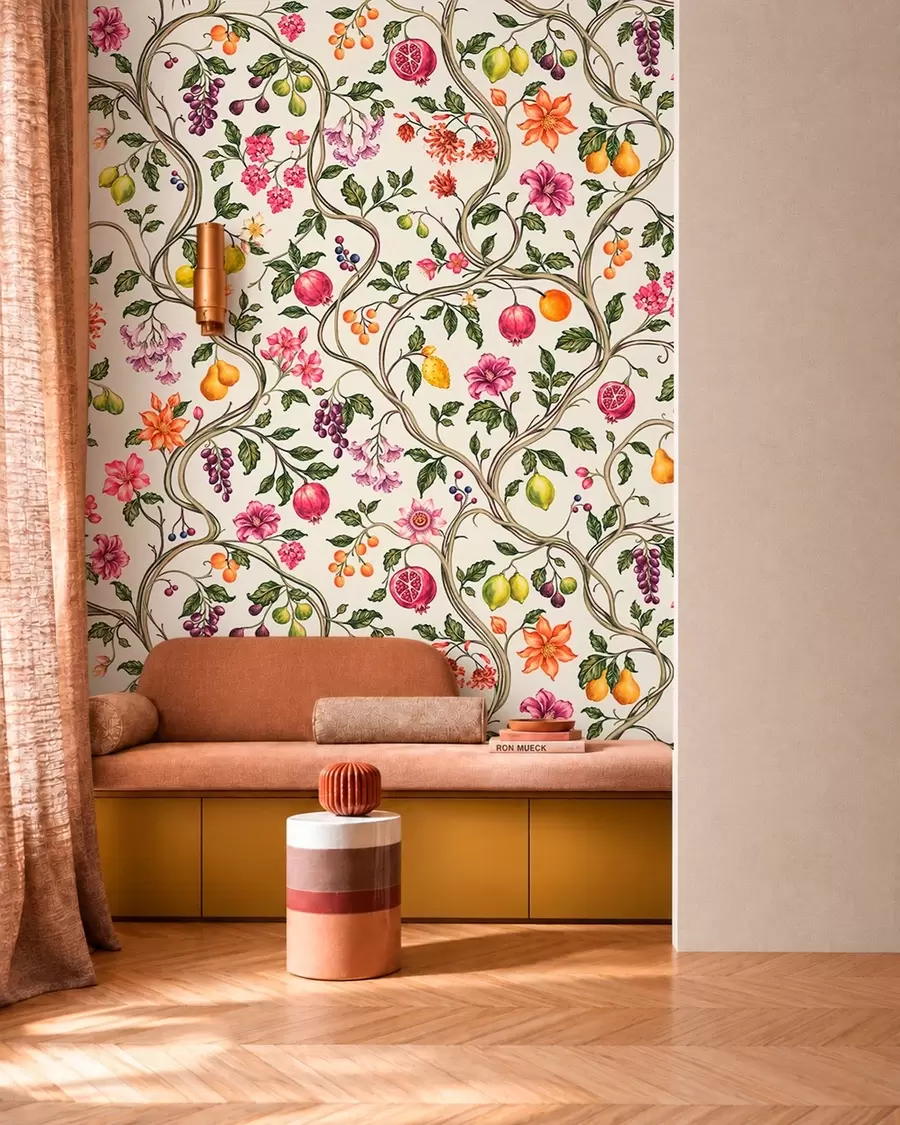 wall murals Twining branches with flowers, fruit and green leaves w05862