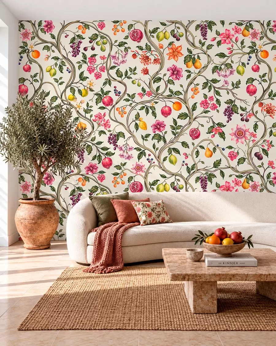 wall murals Twining branches with flowers, fruit and green leaves w05862