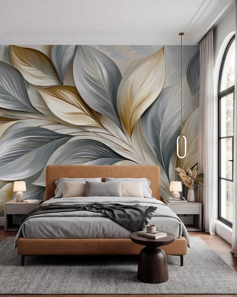 wall murals Premium curved leaves in a picturesque style w10076