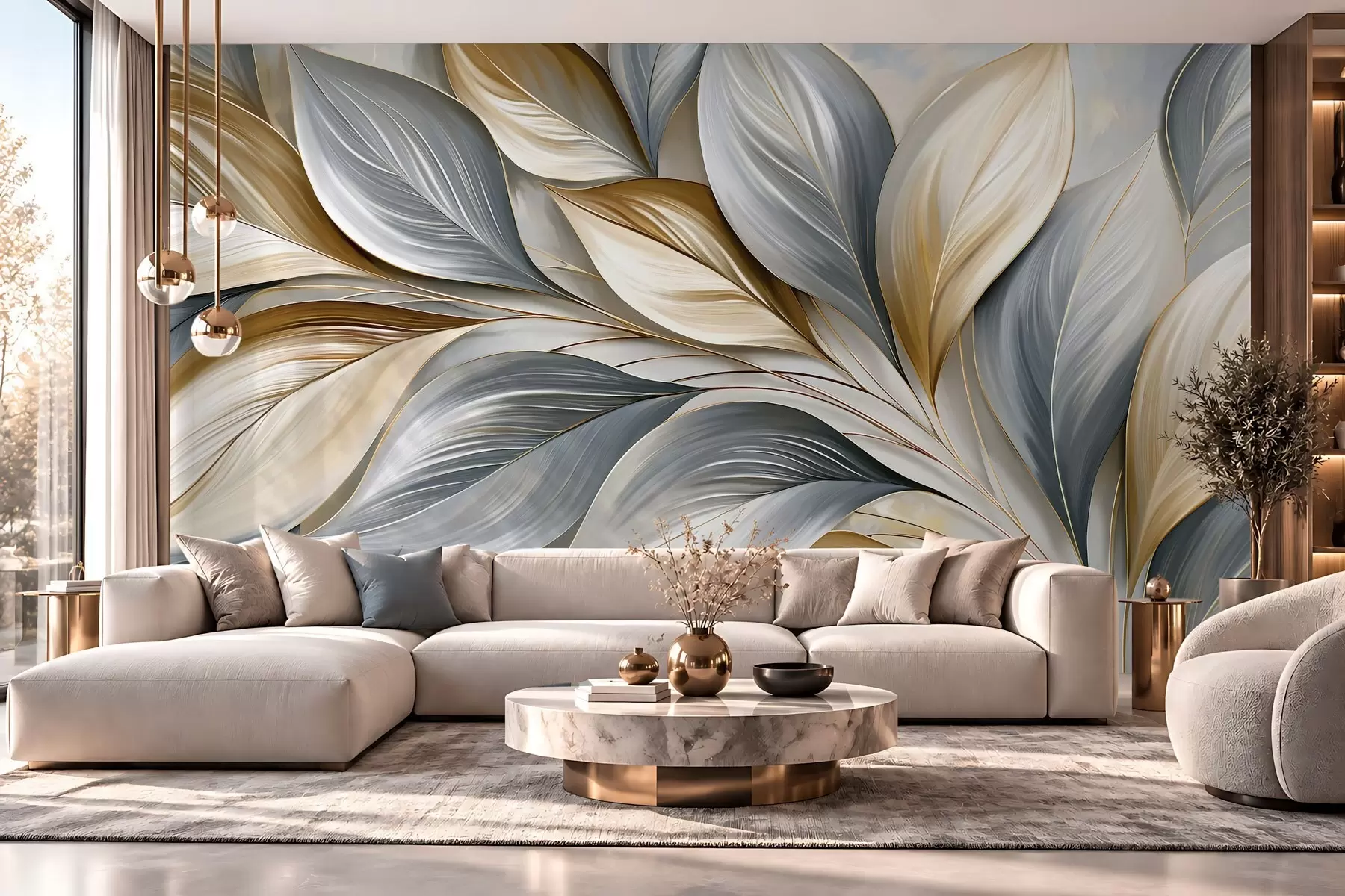 wall murals Premium curved leaves in a picturesque style w10076