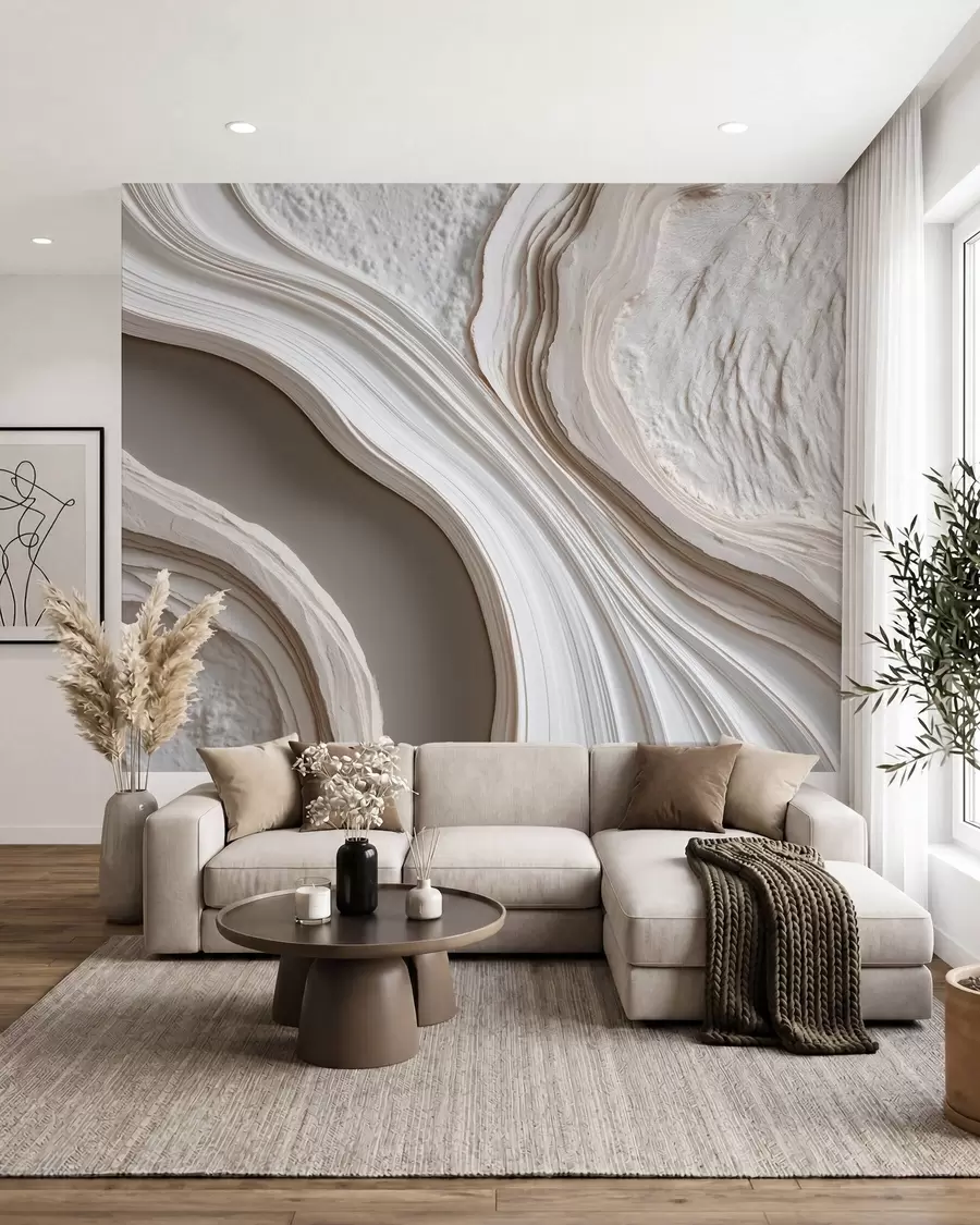 wall murals Imitation of wavy textured plaster in cream-beige tones with a 3D effect w10042