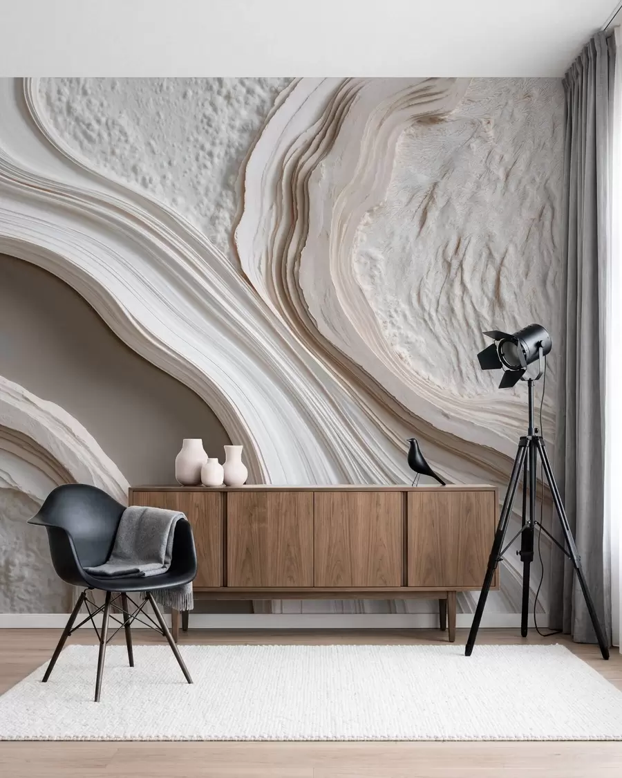 wall murals Imitation of wavy textured plaster in cream-beige tones with a 3D effect w10042