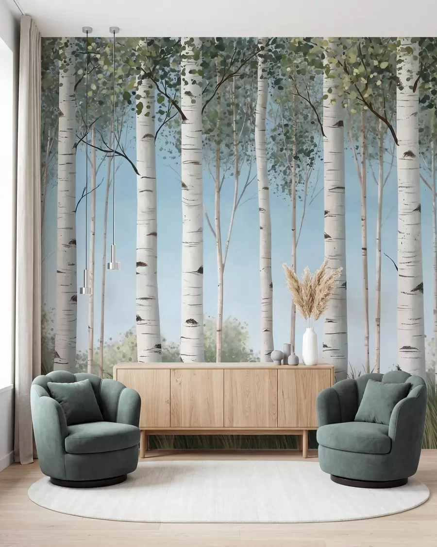 wall murals Birch grove with white trunks against a blue sky, watercolor style w10047