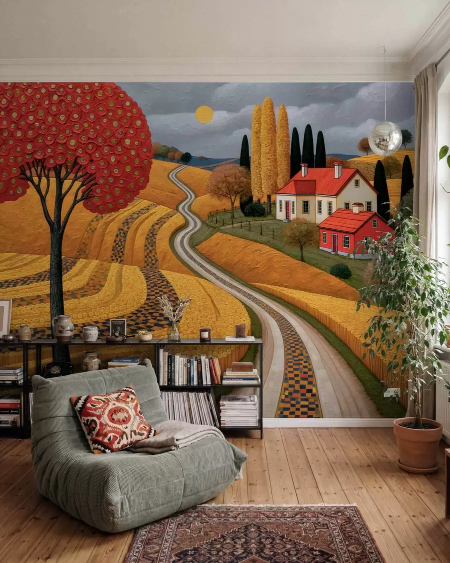 wall murals Imitation of a picturesque Tuscan landscape in oil-painting strokes, with a red tree, a winding road, and a farmhouse w10049
