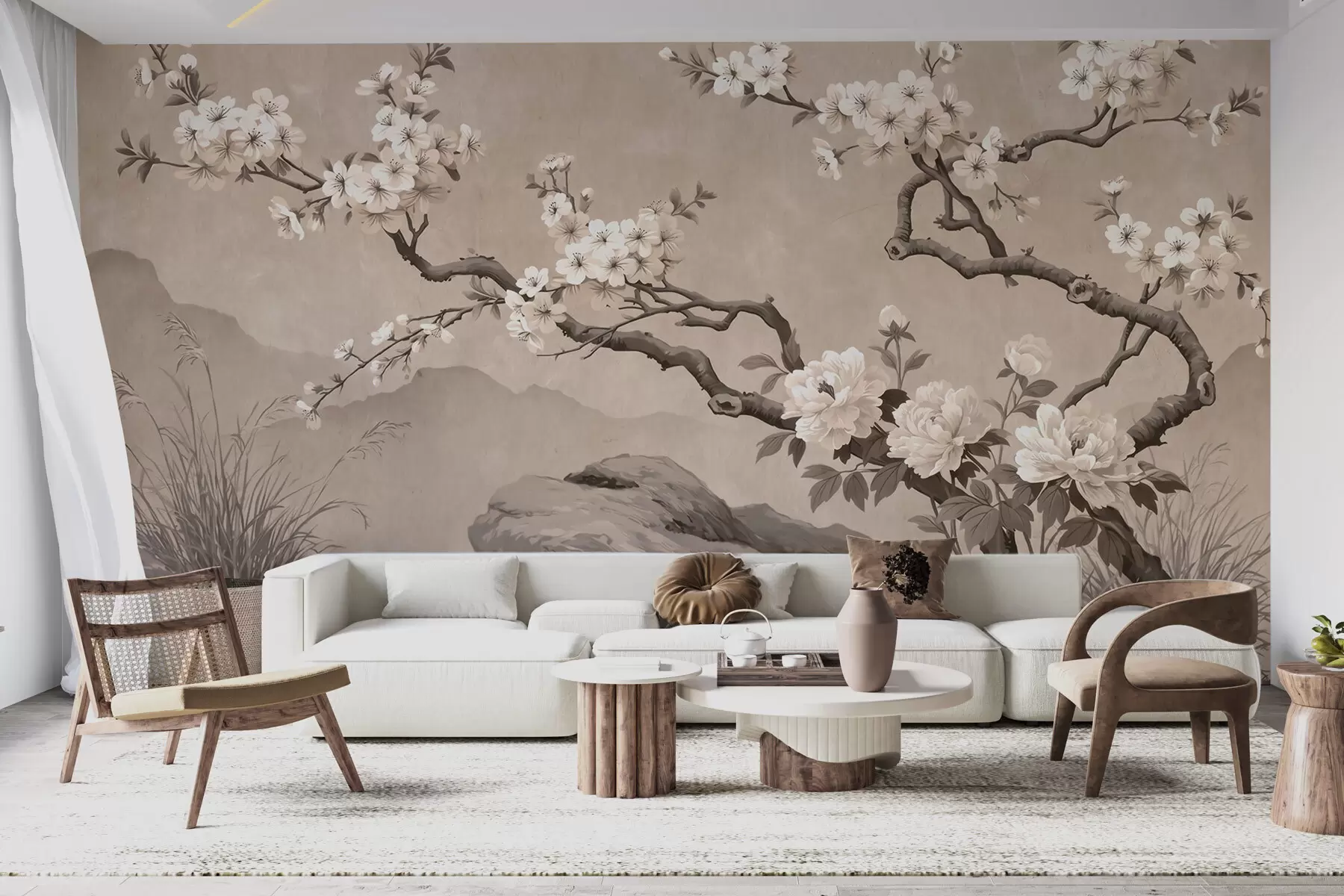 wall murals Blooming cherry blossom branch over rocks in light beige tones, oriental painting style w10052