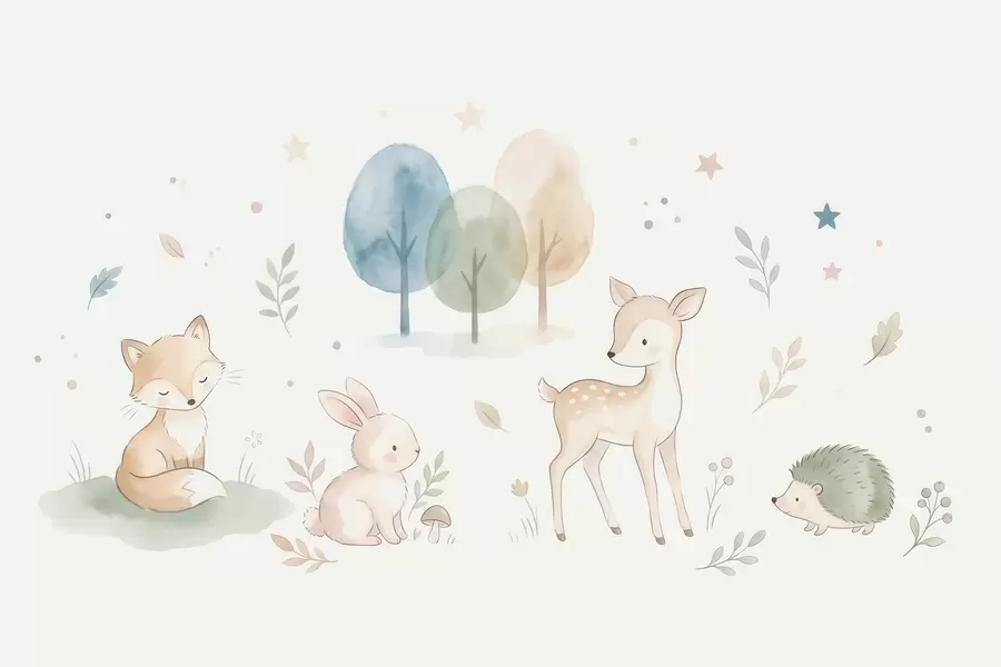 wall murals Woodland animals: fox, bunny, fawn, hedgehog  in watercolor style w10068