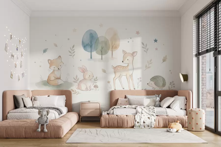wall murals Woodland animals: fox, bunny, fawn, hedgehog  in watercolor style w10068