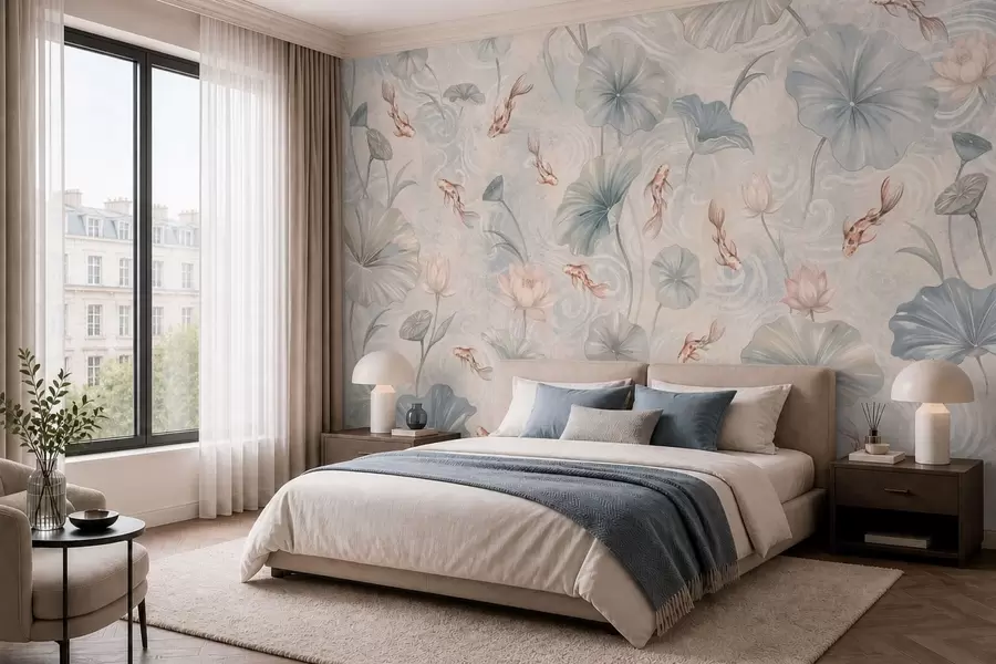 wall murals Koi fish among leaves and pink flowers on a pale background w05807