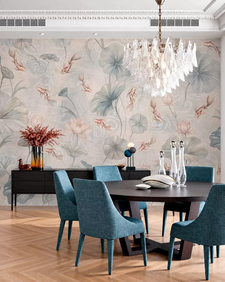 wall murals Koi fish among leaves and pink flowers on a pale background w05807