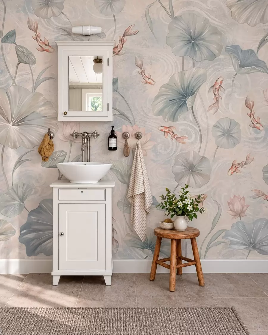 wall murals Koi fish among leaves and pink flowers on a pale background w05807