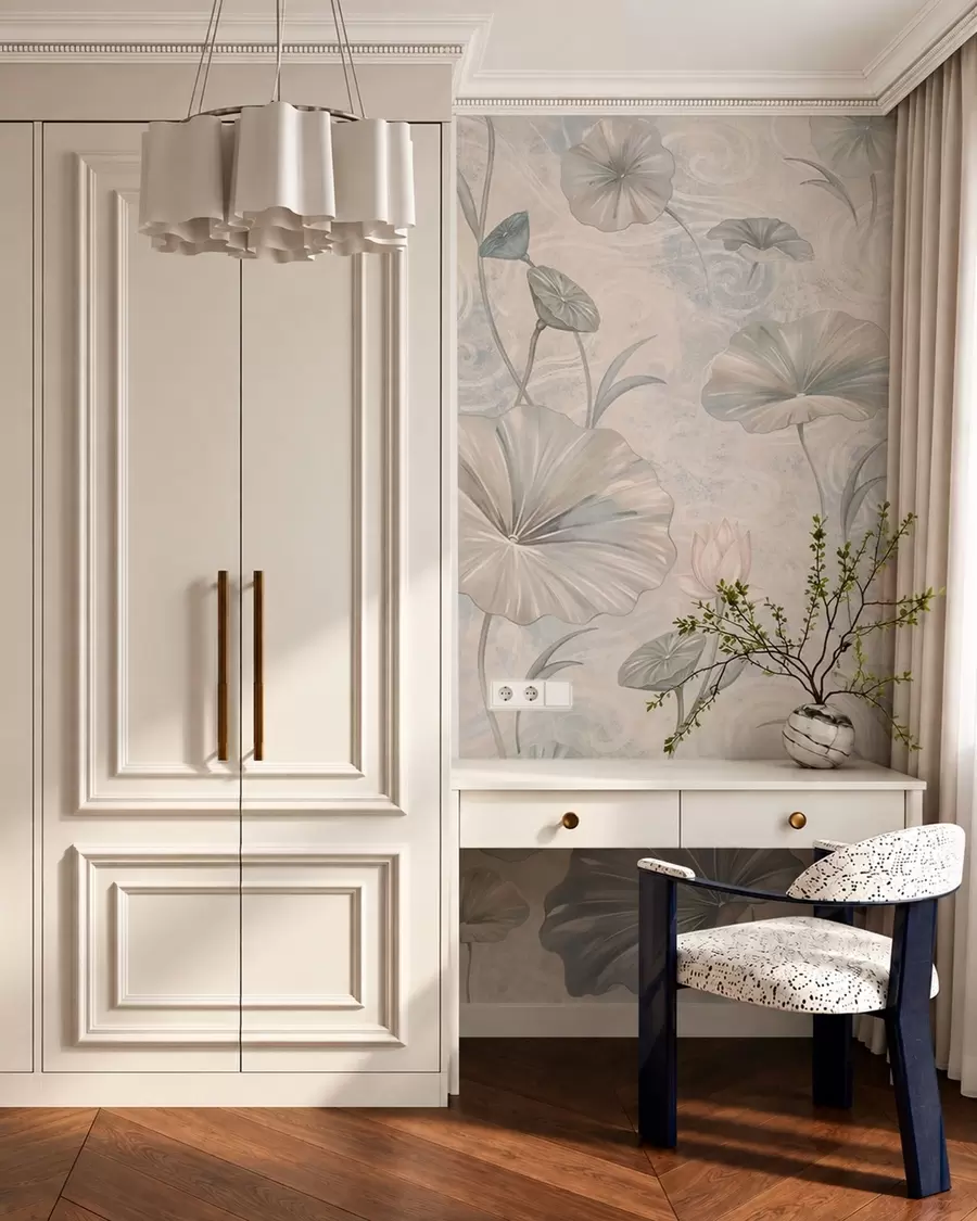 wall murals Large leaves and pink flowers on a pale background w05808