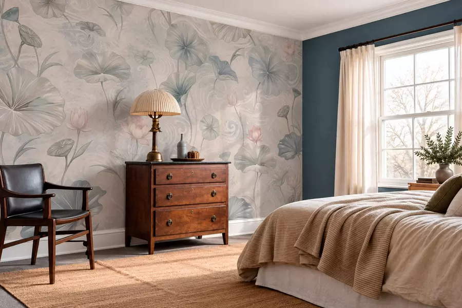 wall murals Large leaves and pink flowers on a pale background w05808
