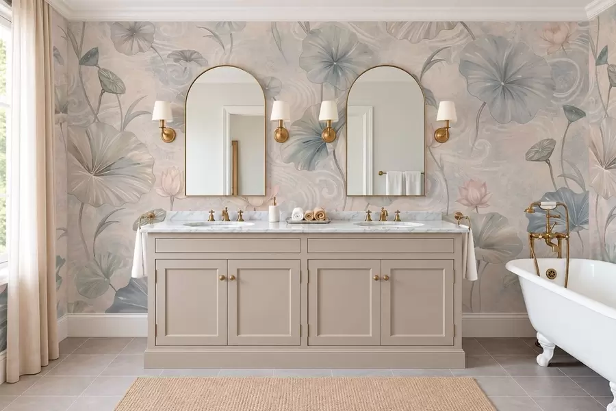 wall murals Large leaves and pink flowers on a pale background w05808