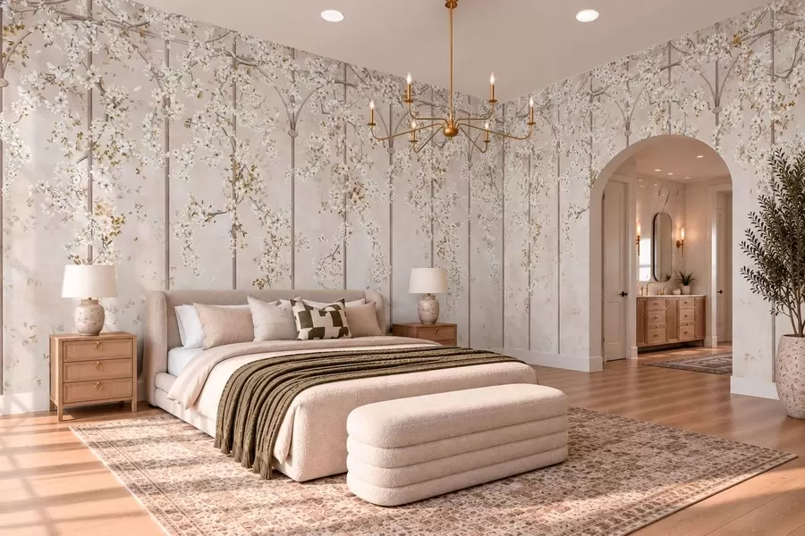 wall murals Blooming white branches on a decorative trellis w05923