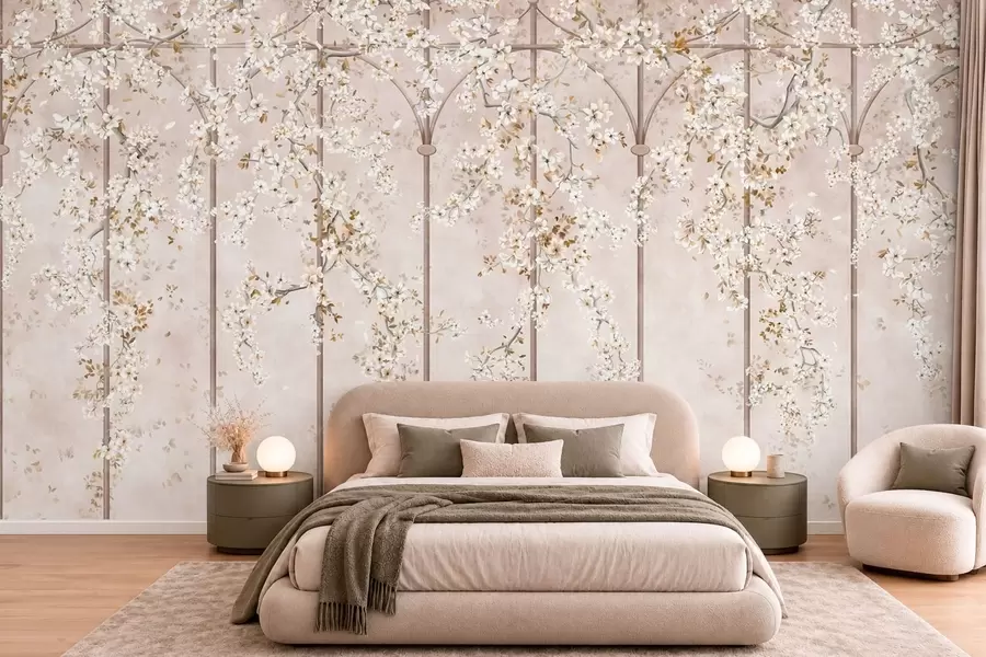 wall murals Blooming white branches on a decorative trellis w05923