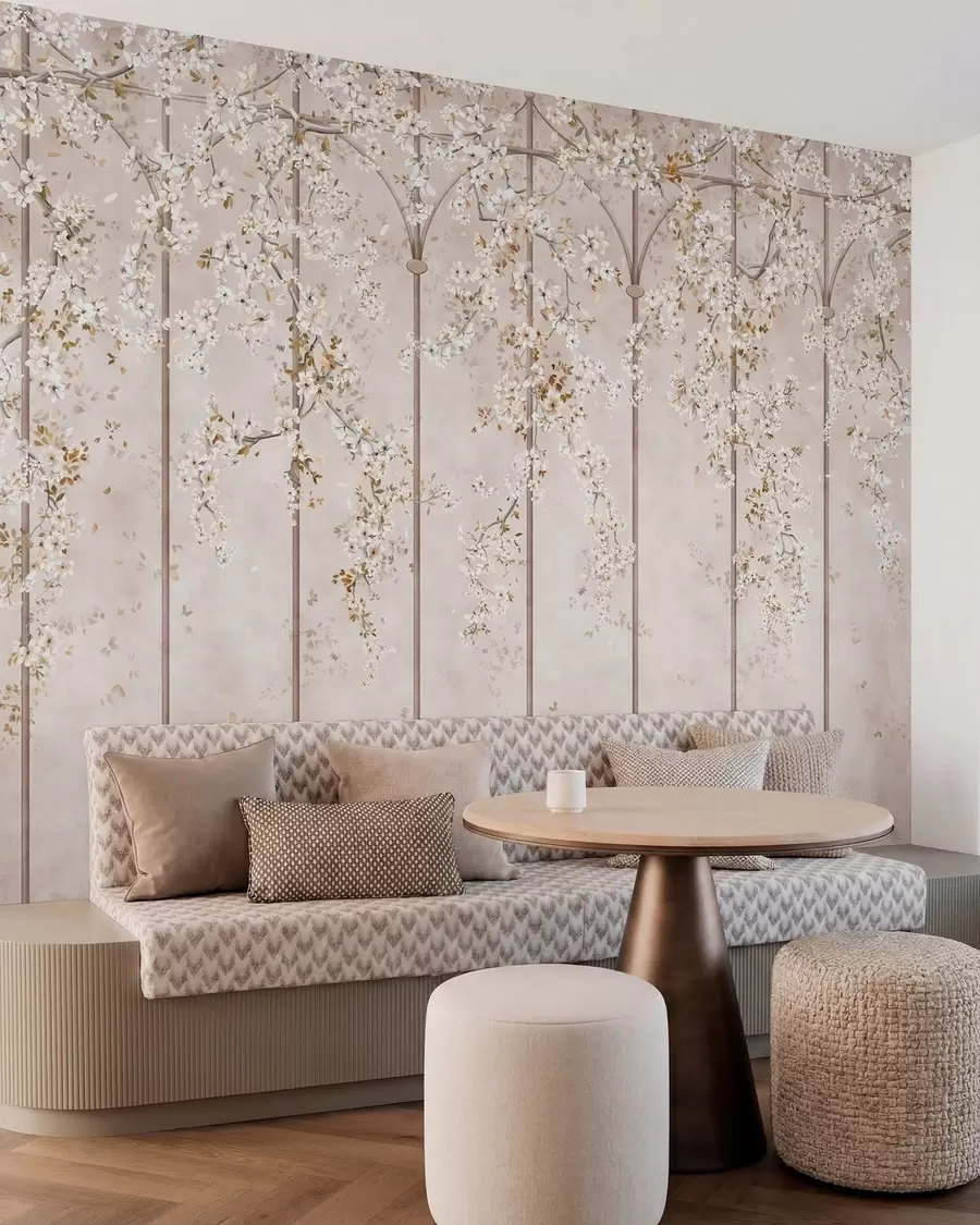 wall murals Blooming white branches on a decorative trellis w05923