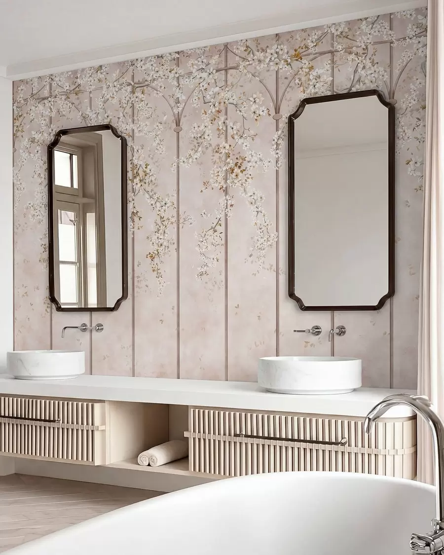 wall murals Blooming white branches on a decorative trellis w05923