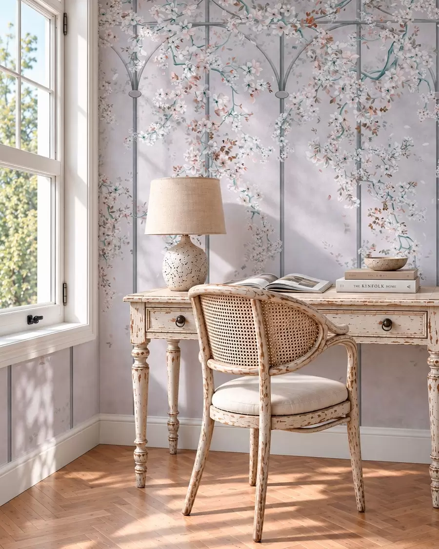 wall murals White flowering branches on a blue and gray decorative trellis w05923v1