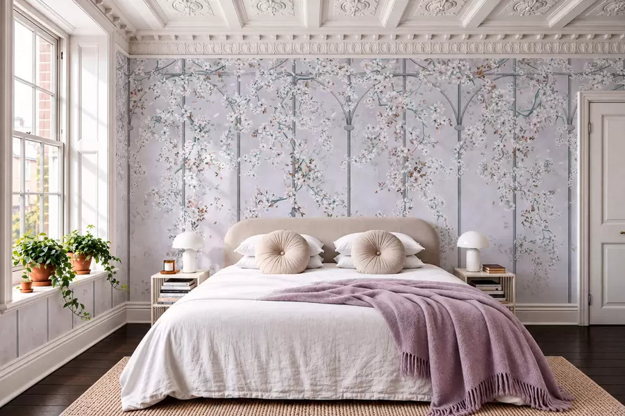 wall murals White flowering branches on a blue and gray decorative trellis w05923v1