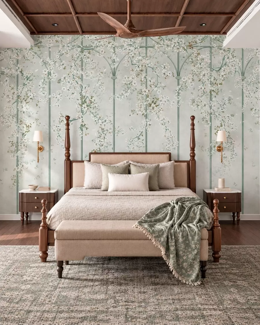 wall murals White flowering branches on a green decorative trellis w05923v2