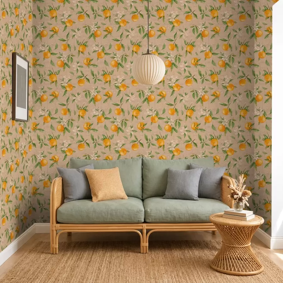 wall murals Oranges, green leaves and white flowers a01264