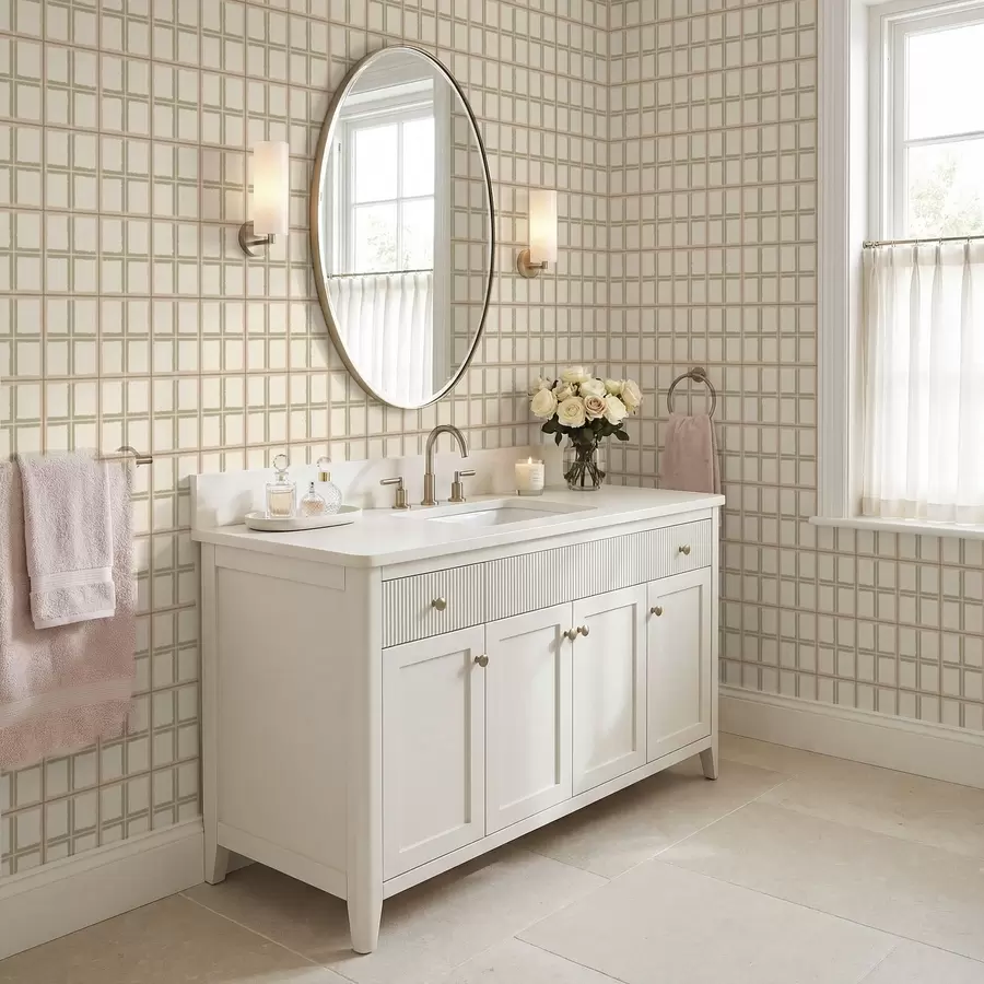 wall murals Light check pattern with beige and muted green lines a01267