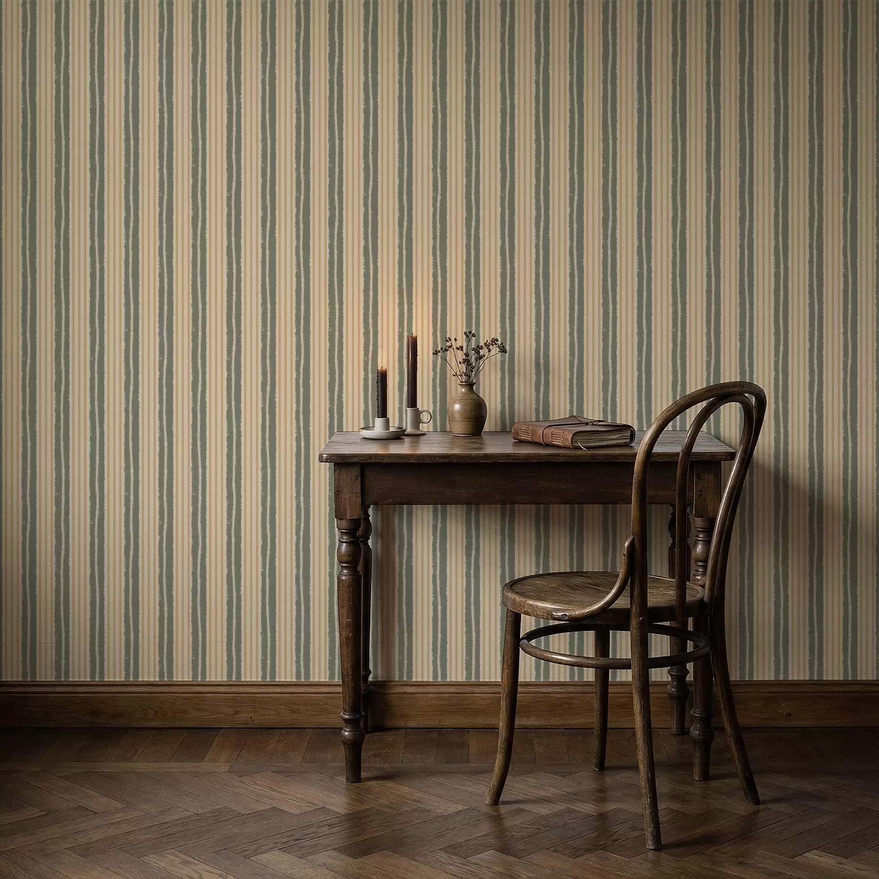 wall murals Textured vertical beige and gray-green stripes a01268