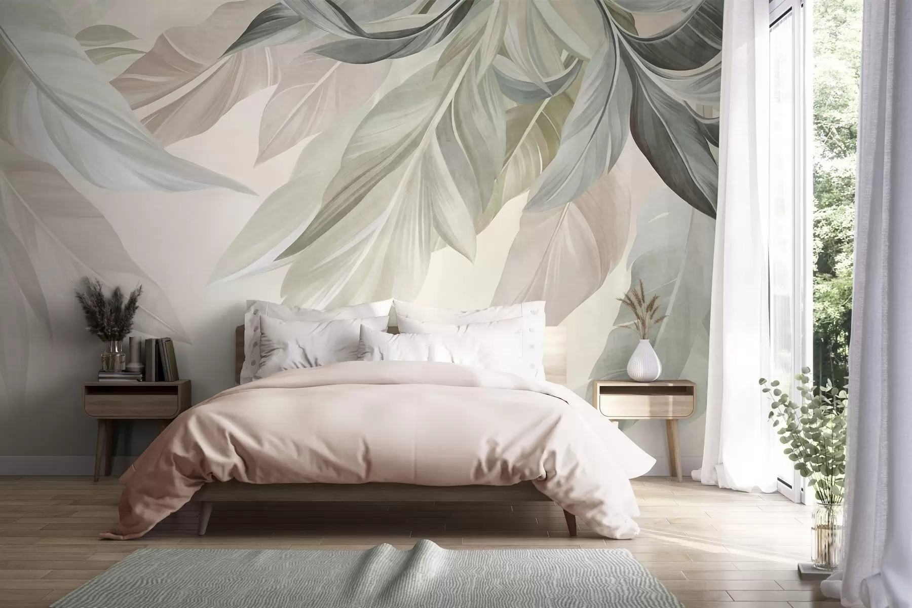 wall murals Tropical, large, muted green, beige and pink leaves, light, textured background w10054