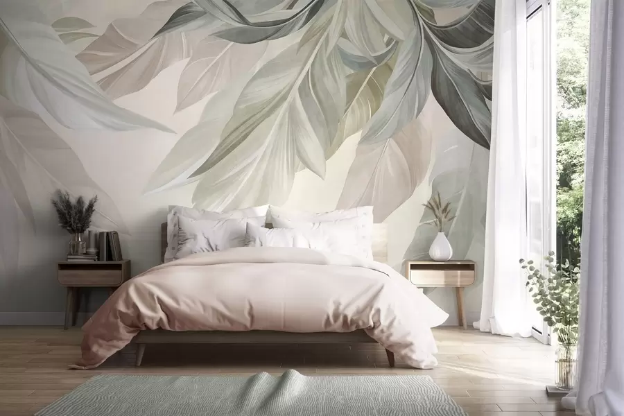 wall murals Tropical, large, muted green, beige and pink leaves, light, textured background w10054