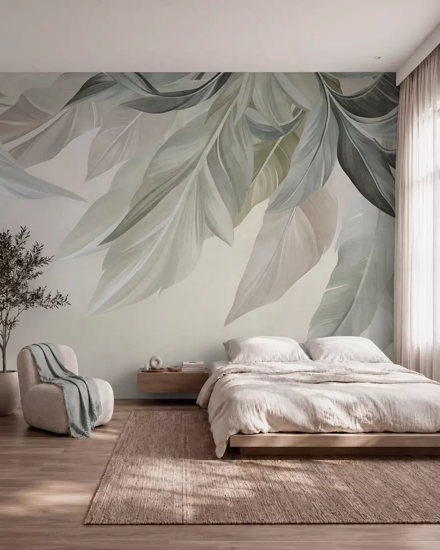 wall murals Tropical, large, muted green, beige and pink leaves, light, textured background w10054
