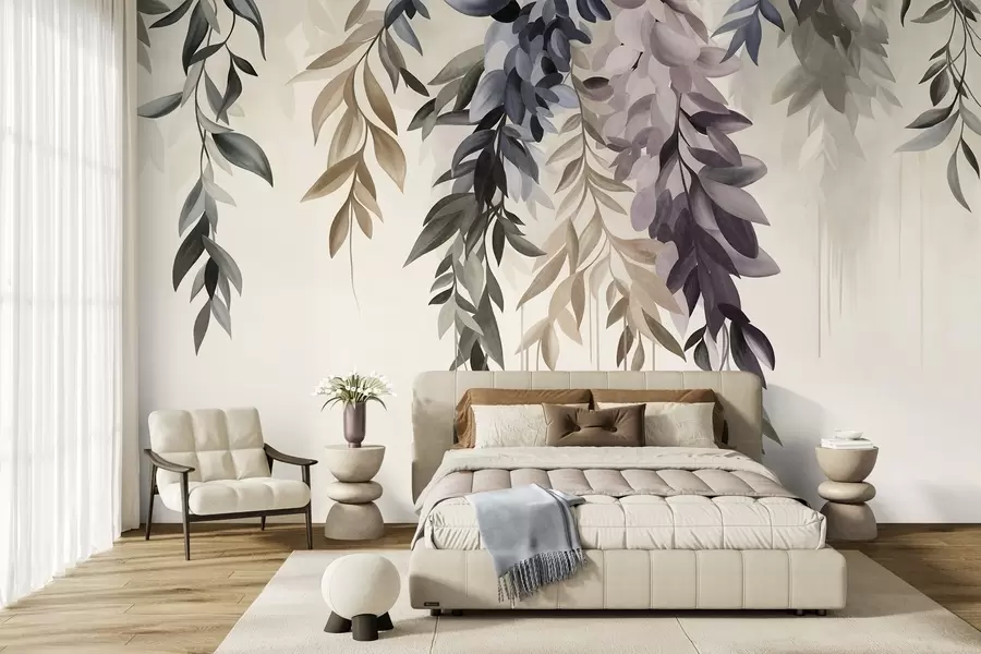 wall murals Hanging abstract leaves in shades of purple, blue and beige, with long, thin stems w10057