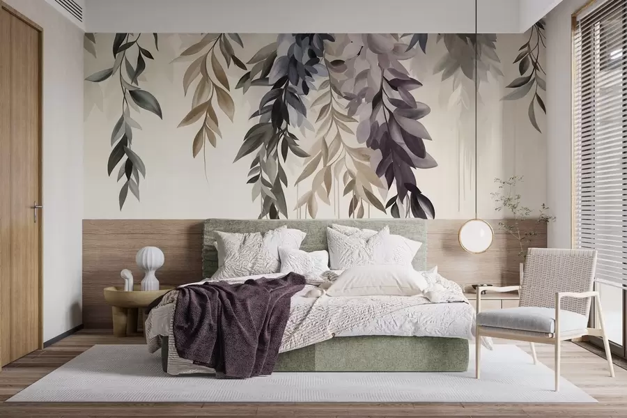 wall murals Hanging abstract leaves in shades of purple, blue and beige, with long, thin stems w10057
