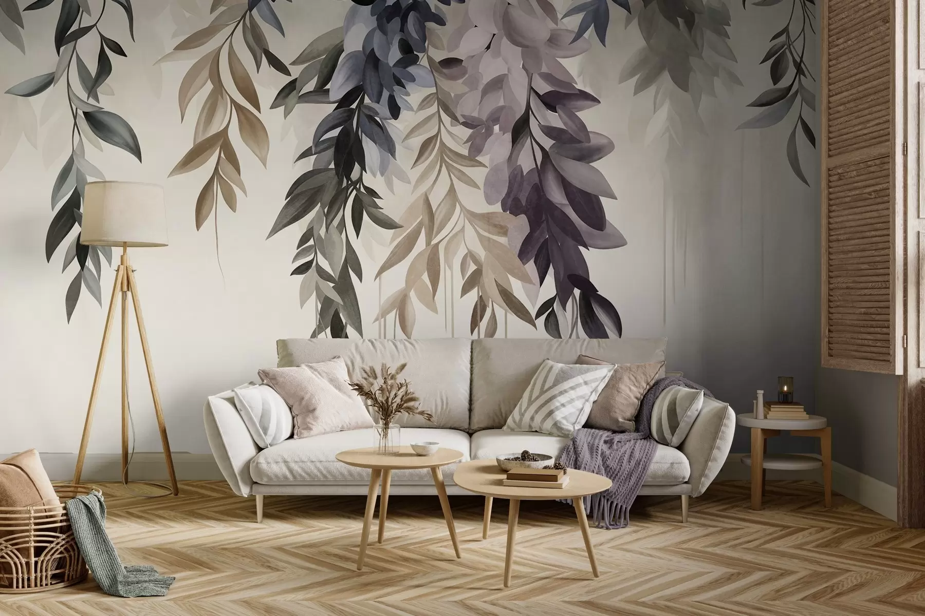 wall murals Hanging abstract leaves in shades of purple, blue and beige, with long, thin stems w10057