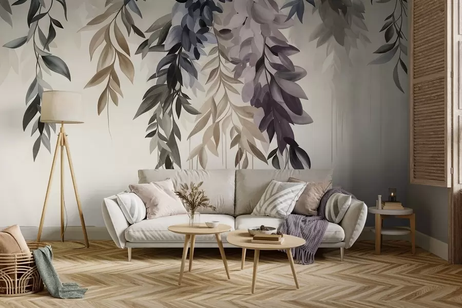 wall murals Hanging abstract leaves in shades of purple, blue and beige, with long, thin stems w10057