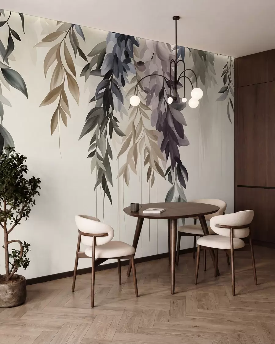 wall murals Hanging abstract leaves in shades of purple, blue and beige, with long, thin stems w10057