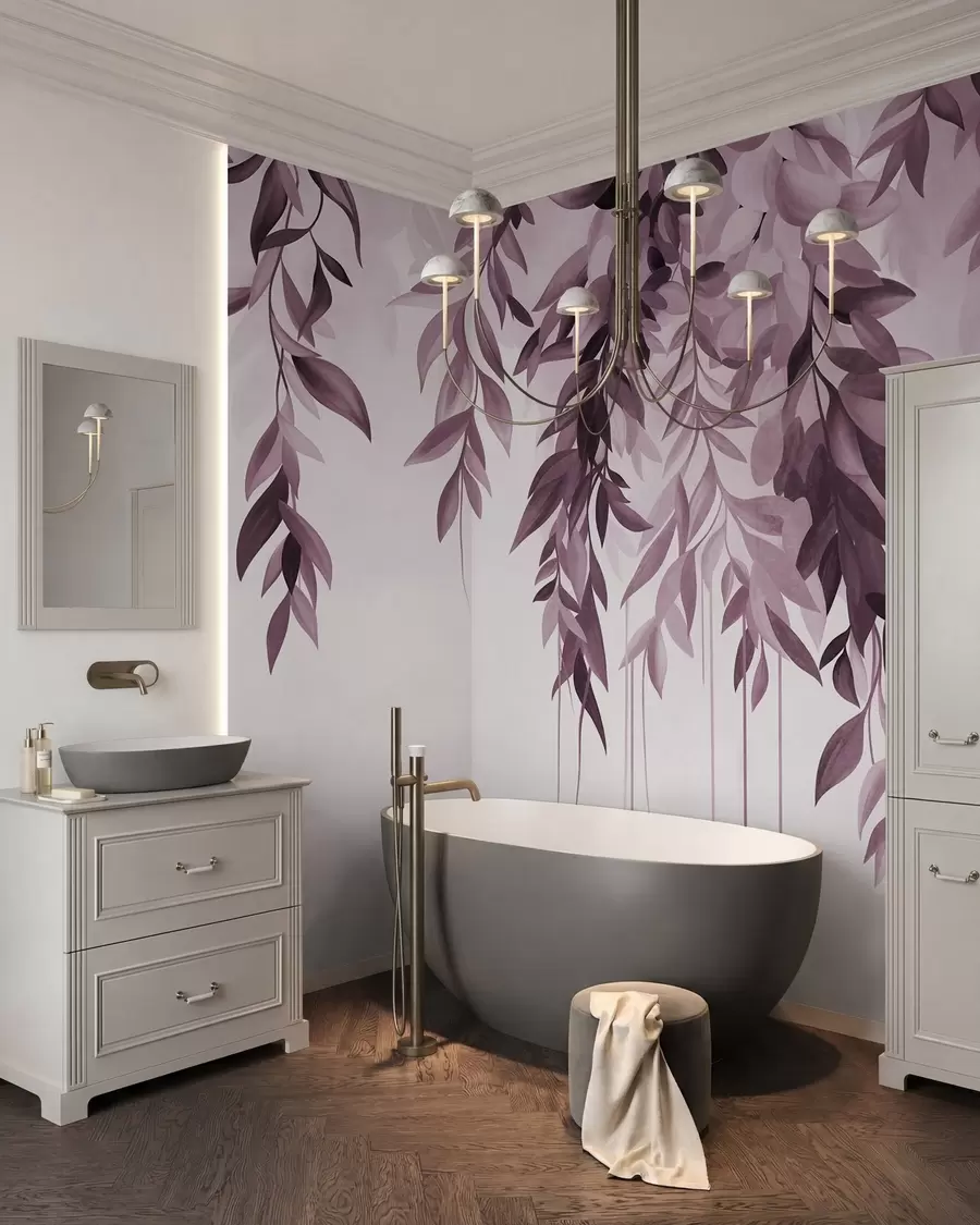 wall murals Hanging abstract leaves in shades of purple and pink, with long, thin stems w10057v1