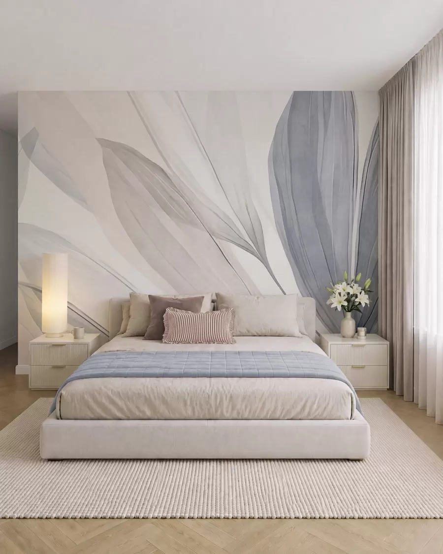 wall murals Abstract translucent leaves in pastel pink, beige and blue hues, textured background w10063