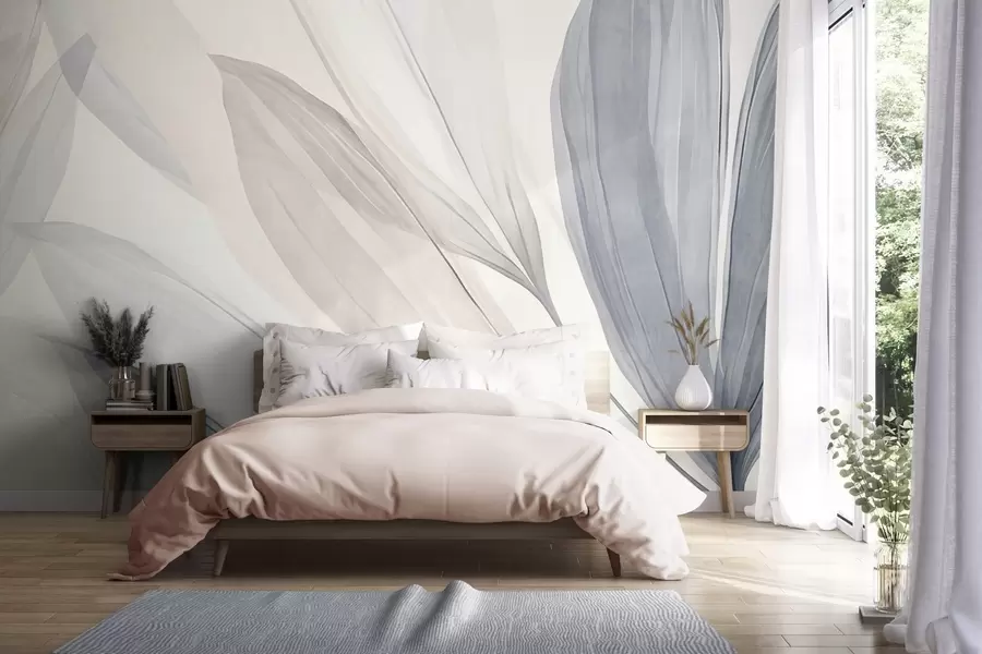 wall murals Abstract translucent leaves in pastel pink, beige and blue hues, textured background w10063