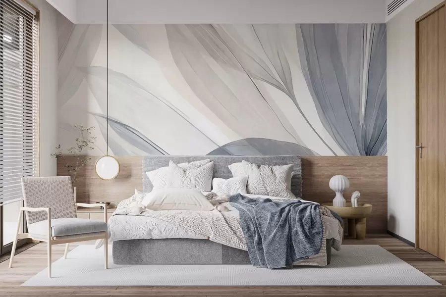 wall murals Abstract translucent leaves in pastel pink, beige and blue hues, textured background w10063