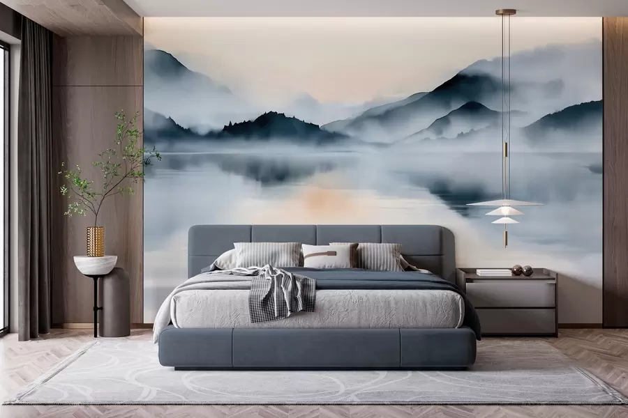wall murals A lake set against a backdrop of misty mountains, in a watercolour style w10078