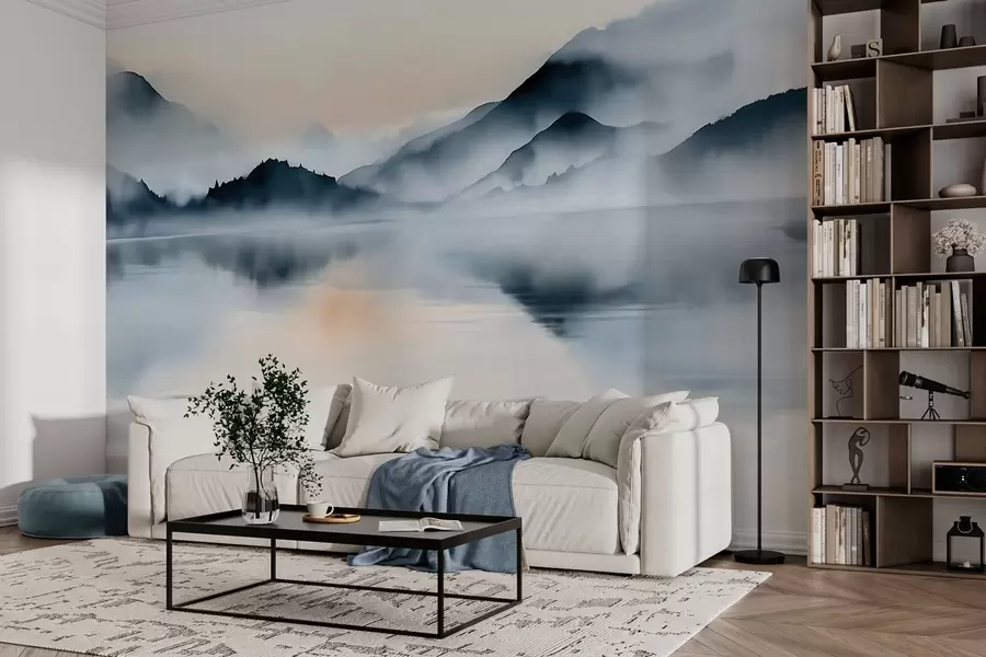 wall murals A lake set against a backdrop of misty mountains, in a watercolour style w10078