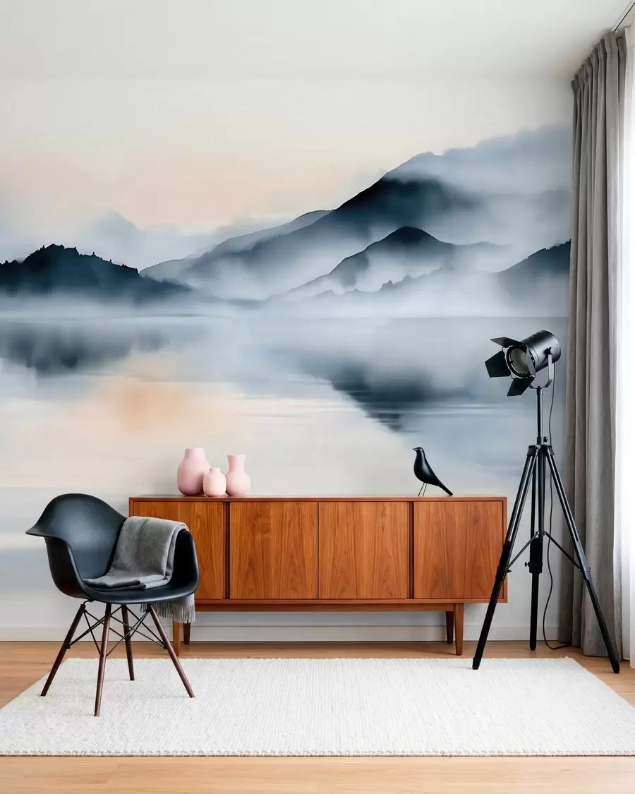 wall murals A lake set against a backdrop of misty mountains, in a watercolour style w10078
