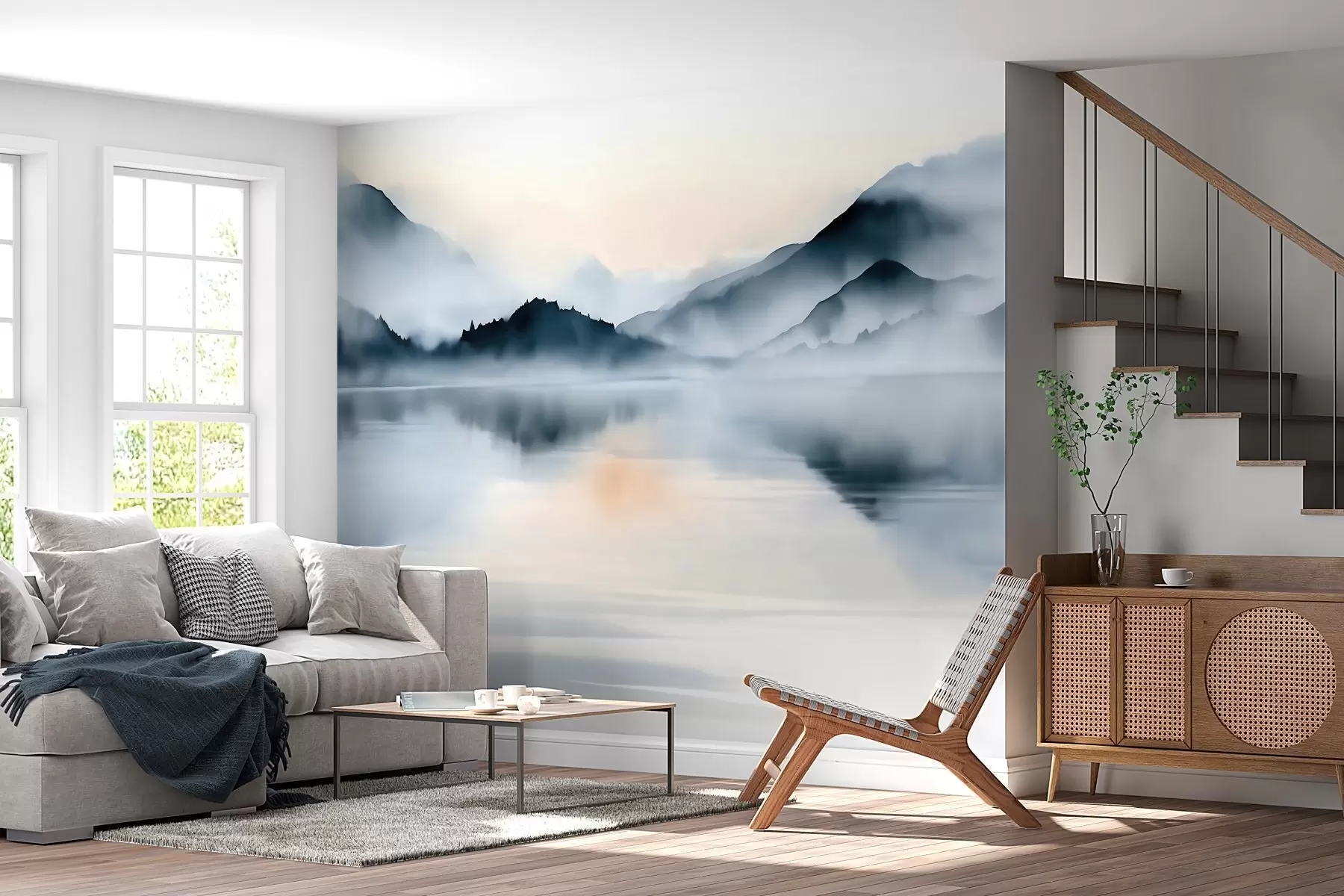 wall murals A lake set against a backdrop of misty mountains, in a watercolour style w10078