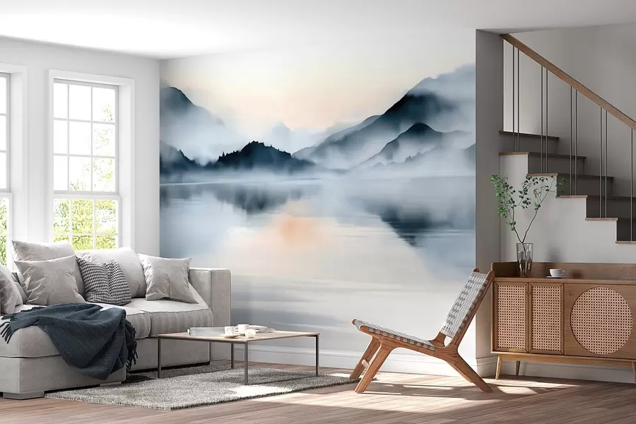 wall murals A lake set against a backdrop of misty mountains, in a watercolour style w10078
