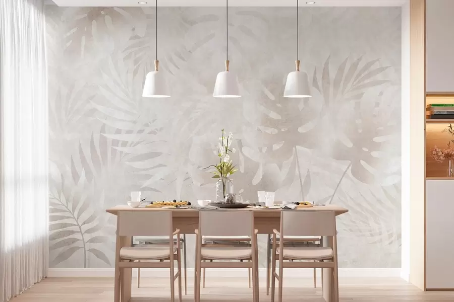 wall murals Tropical leaves with a grunge effect in powdery beige tones w10080